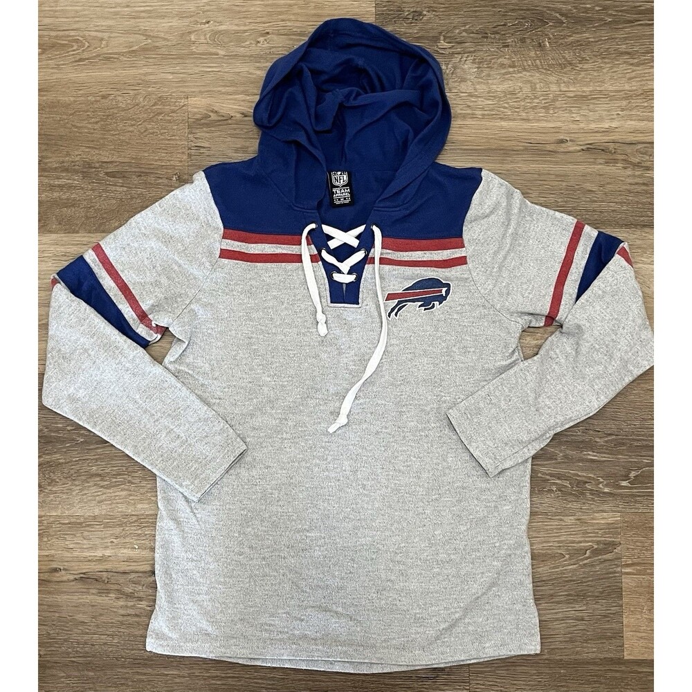 Buffalo Bills NFL Team Apparel Womens M Hooded Lace Up Henley Shirt Gray Blue